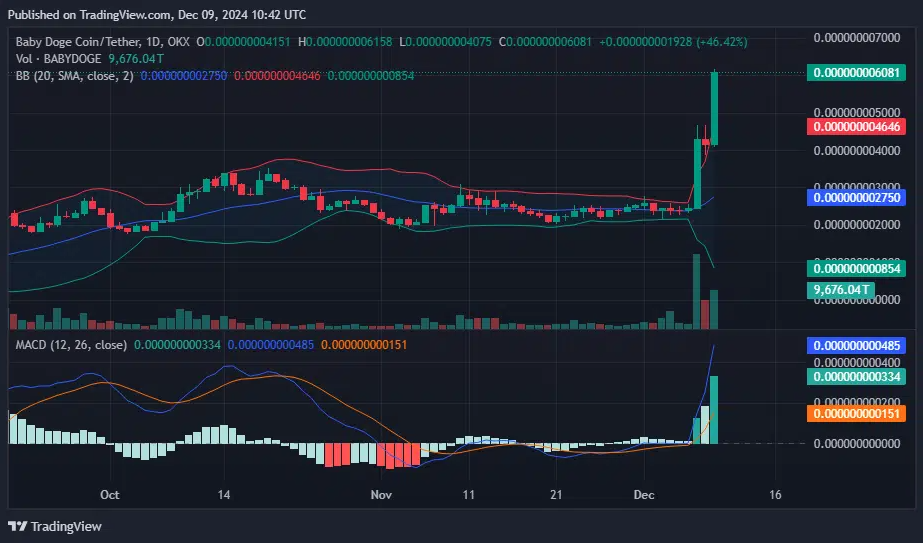 Babydoge Price, Bollinger Bands and Macd Chart - December 9 | Source: TradingView.com