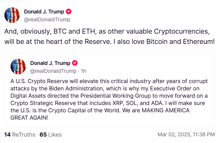 Trump says that Bitcoin and Ethereum will 