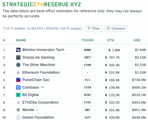Top 10 Treasury companies ETH