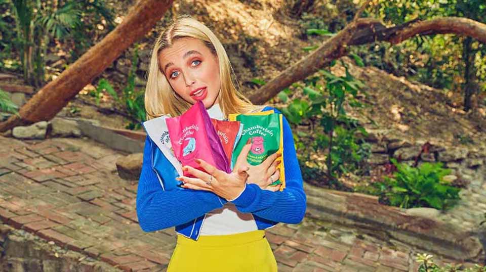 Emma Chamberlain holding Chamberlain Coffee