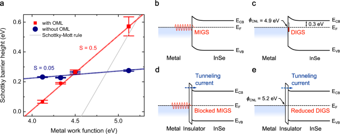 Fig. 3: Fermi-level depinning in the InSe transistors with the OML-embedded tunneling contact.